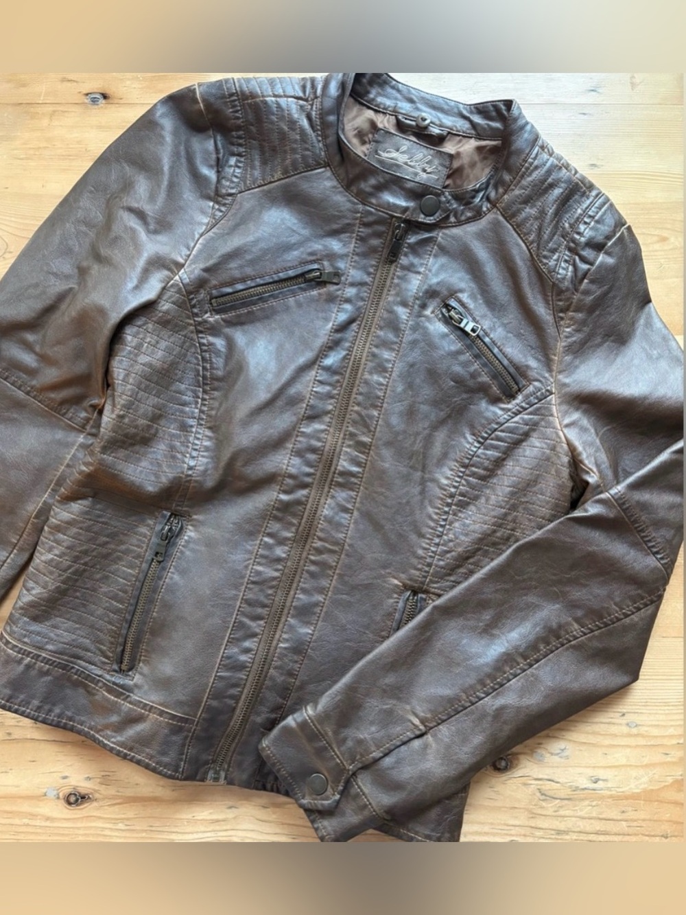 Sebby Collection Faux Leather Jacket Women's Small Whisky Brown Biker EUC